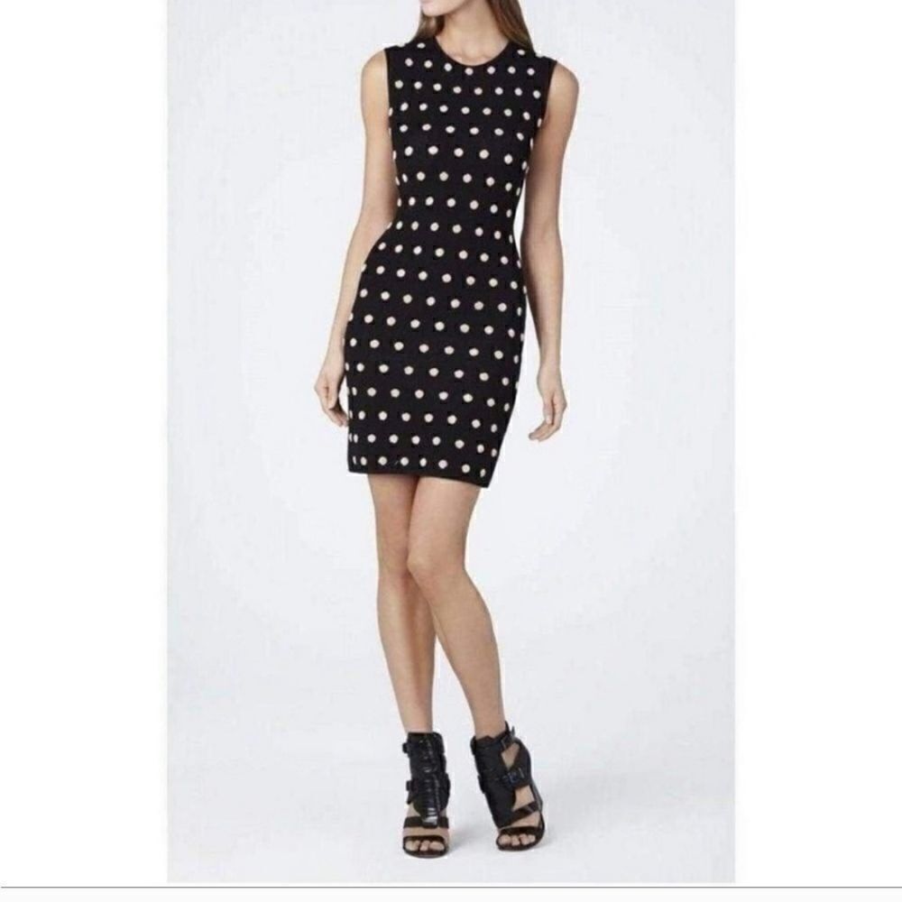 BCBGMAXAZRIA Jose Jacquard Black Polka-dot Bodycon Sleeveless Dress S
